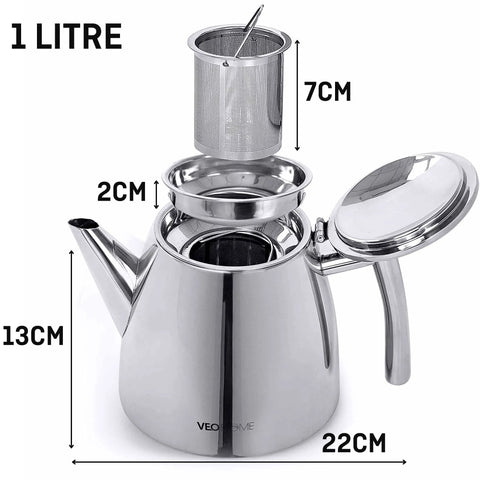 Top Tier Stainless Steel Teapot With Integrated Fine Mesh Infuser And Double Wall Construction That Stays Piping Hot One Liter Capacity, close-up view with measurements.