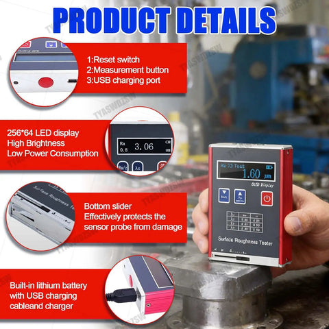 Pro Grade Digital Surface Roughness Tester With 0.01μm Accuracy, Portable Handheld Gauge For Ra Rq Rz Rt, Four Parameter Surface Finish Meter, Includes Calibration Block And Bracket. handheld surface roughness tester with LED display and USB charging