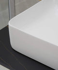 Close-up of Vessel Sink and Pop Up Drain Kit, 24 By 14 Inch Rectangular Above Counter White Porcelain Ceramic Bathroom Vanity Basin