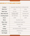 Variable Speed Single Dose Conical Burr Coffee Grinder With Stepless Adjustments product parameters chart detailing specifications.