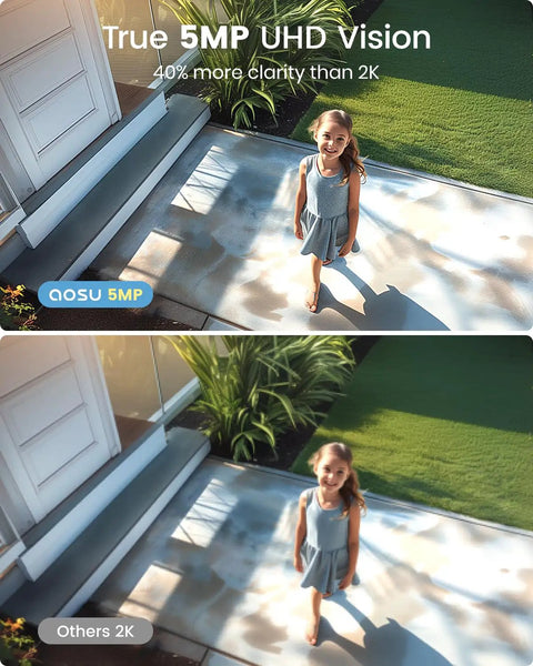 Comparison of a 5MP UHD and 2K image taken by an Outdoor Wireless Security Camera System With Solar Power 4 Camera Kit 3K 5MP HD Color Night Vision.