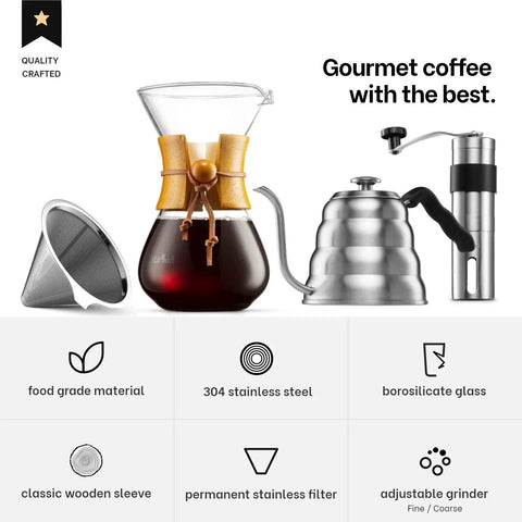 All In One Pour Over Coffee Maker Set With 40 Oz Gooseneck Kettle And Thermometer, 20 Oz Dripper And Built In Coffee Grinder