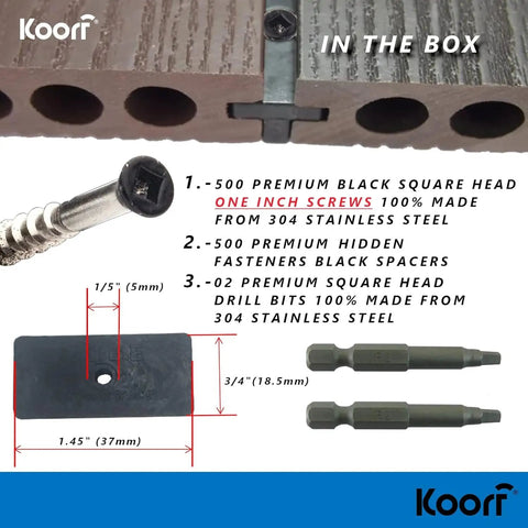 Hidden Deck Fastener Clips Bundle for Grooved Composite Decking with screws, spacers, and driver bits