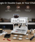 No Sweat Home Espresso Maker With Heavy Duty Grinder And Clog Buster Chamber Includes Quick Steam Milk Frother Wand and Turbo Heat Boiler For Deep Lattes and Frothy Cappuccinos In Urban Silver on kitchen countertop.