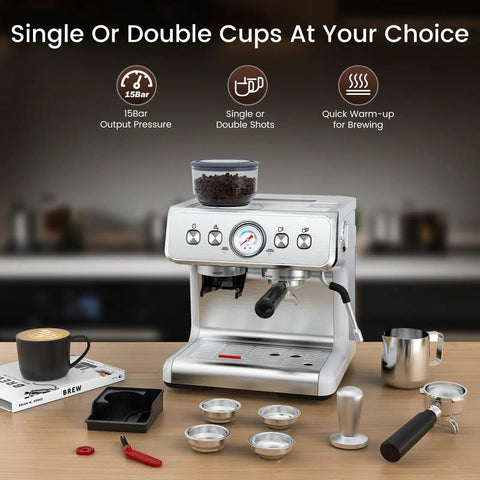 No Sweat Home Espresso Maker With Heavy Duty Grinder And Clog Buster Chamber Includes Quick Steam Milk Frother Wand and Turbo Heat Boiler For Deep Lattes and Frothy Cappuccinos In Urban Silver on kitchen countertop.