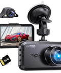 Ultra Crisp Dual Dash Cam Front And Rear 4K Plus 2.5K UHD With Free 64GB Card showing front and rear cameras with screen display.
