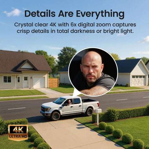 4K True Color Outdoor Security Camera With Solar Power Wireless WiFi AI Triple Detection 360 Degree Auto Tracking Night Vision Weatherproof Home Surveillance image showcasing zoom capability with a person in a truck.