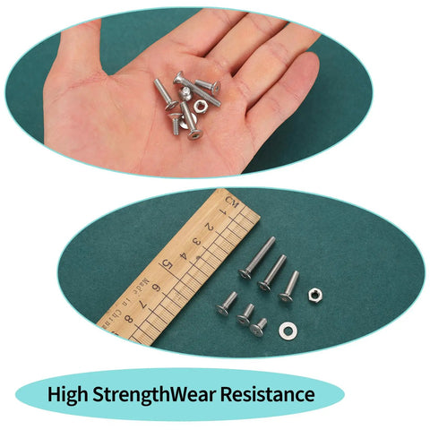 Hand holding parts of 488 Piece M4 Screws Set With Bolts And Nuts Countersunk Hex Socket Flat Head Screws Machine Bolts And Nuts Assortment Includes Spanner Heavy Duty Carbon Steel Rust Resistant High Hardness And Strength Silver Finish with ruler comparison.