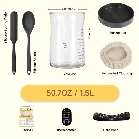 Large Capacity Sourdough Starter Kit with 50oz jar, silicone tools, lid, cloth cap, recipes, thermometer, and date band.