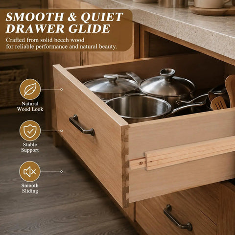 Built Tough Beech Wood Drawer Slides 6 Pack 17 Inch Undermount Glides Smooth As Silk Center Mount Rail Heavy Duty Replacement Tracks For Cabinetry And Home Upgrades in a kitchen drawer with pots.