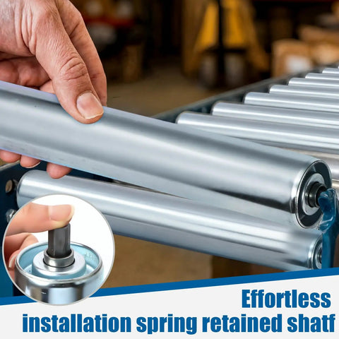 Hand installing Beefy Heavy Duty Conveyor Replacement Rollers 1.9 Inch Diameter 21 Inch Between Frames Galvanized Steel 6 Pack