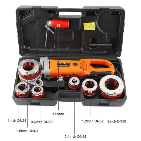 Heavy Duty Electric Pipe Threading Machine 2300W Motor Industrial Workhorse with die set and oil tank in rugged carry case.