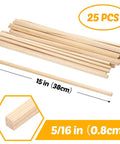 25 Pack Square Wood Dowel Rods 5/16 X 15 Inch Unfinished Pine Craft Sticks for DIY Modeling and Dollhouse Miniatures, displayed.