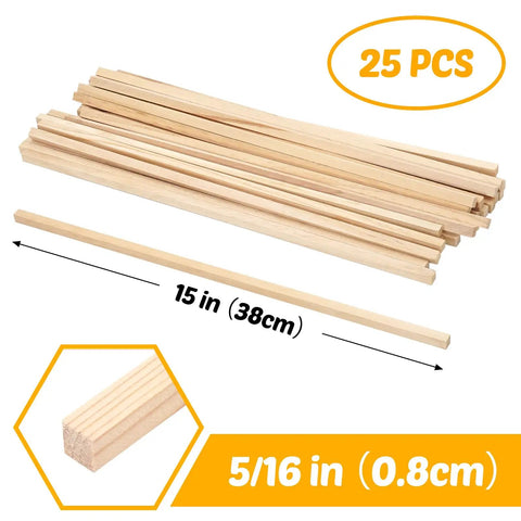 25 Pack Square Wood Dowel Rods 5/16 X 15 Inch Unfinished Pine Craft Sticks for DIY Modeling and Dollhouse Miniatures, displayed.
