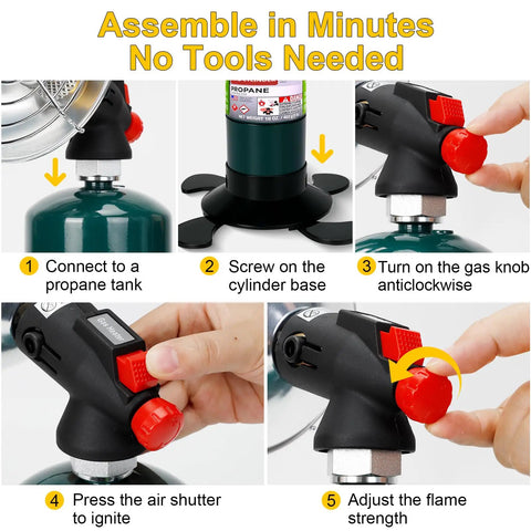 Assembly steps for Portable Propane Heater For Outdoors, Cordless Radiant Camp Heater With Foldable Tank Holder.