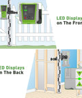 Laser Level Receiver With Pulse Mode For All Pro And Everyday Laser Levels, A Real Workhorse, Accurate Plus Or Minus One Seventeenth Inch, Up To 200 Ft Range, Green And Red Beams, Two Sided LED Prompt, Magnetic Mount, And Clamp Included. Receiver clipped to laser grade rod with front and back LED displays.