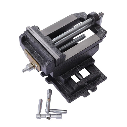 Six Inch Cross Slide Vise For Drill Press And Milling Workbench Heavy Duty Bench Clamp Machine with metal jaws and adjustment features.