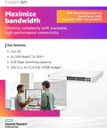 Infographic of 24-Port Gigabit PoE Smart Managed Stackable Ethernet Switch with 2x 10GBase-T and 2x SFP Plus Uplink, Layer 2 Plus.