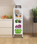Keep Your Produce Fresh As A Daisy With This Five Tier Floor Standing Fruit And Vegetable Storage Basket Featuring Ventilated Plastic Bins to store fresh veggies on a sleek white cart.