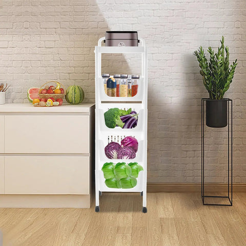 Keep Your Produce Fresh As A Daisy With This Five Tier Floor Standing Fruit And Vegetable Storage Basket Featuring Ventilated Plastic Bins to store fresh veggies on a sleek white cart.