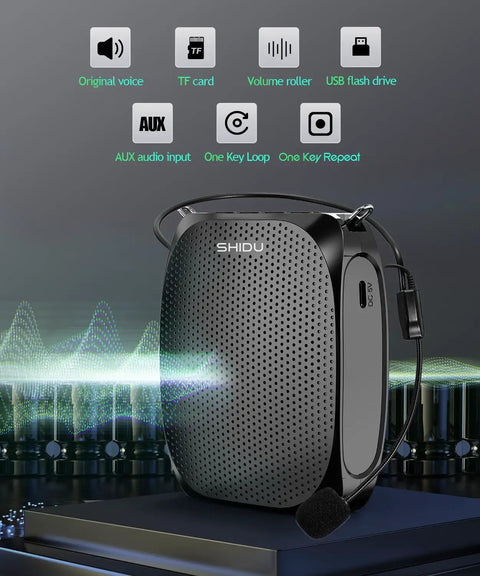 Portable Voice Amplifier With Headset Microphone For Speaking On The Go Rechargeable Mini PA System on display with icons.