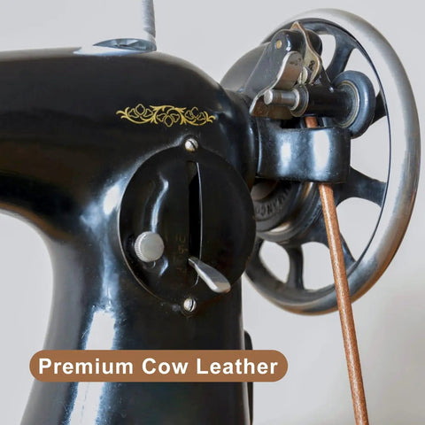 Premium Cow Leather Two Treadle Sewing Machine Belts With 30 Piece Accessories Kit For DIYers And Crafters Including Bobbins Needles Threaders Hemming Clips Awl Scissors And More.