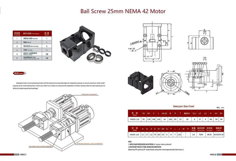 25mm Lead Ballscrew Kit With 2700mm Length Ball Screw Nut BK BF20 Bearing Blocks End Supports Coupler Nut Housing And Nema 42 Motor Bracket For CNC Machines Beefy Linear Drive engineering diagram and components