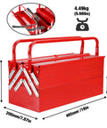 Heavy Duty 18 Inch Cantilever Tool Box With 5 Tray Foldout Organizer Metal Red Storage Case with dimensions and weight shown