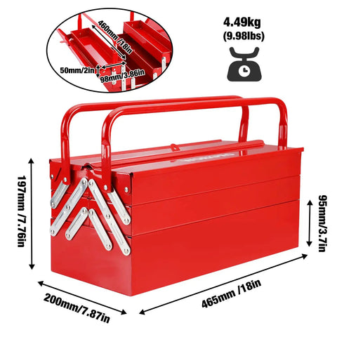 Heavy Duty 18 Inch Cantilever Tool Box With 5 Tray Foldout Organizer Metal Red Storage Case with dimensions and weight shown