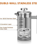 Super Thick French Press Coffee Maker Double Wall Insulated Stainless Steel with triple mesh filter and measurement marks.