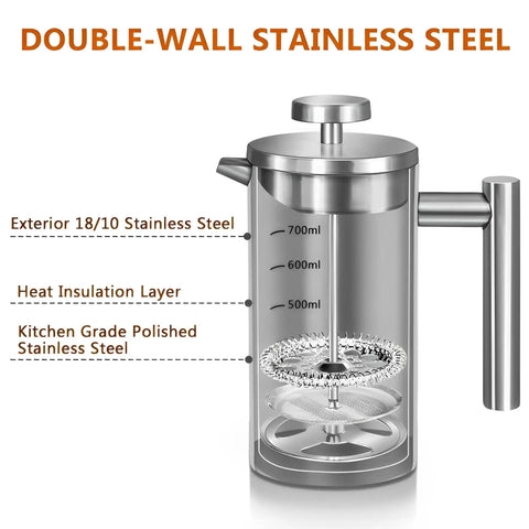 Super Thick French Press Coffee Maker Double Wall Insulated Stainless Steel with triple mesh filter and measurement marks.