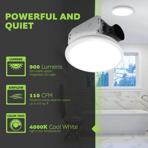 Whisper Quiet Integrated LED Light Ceiling Mount Bath Exhaust Fan 110 CFM 2.0 Sones White For Bathrooms Up To 110 Sq Ft