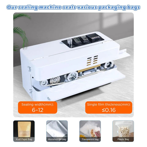 Automatic Continuous Bag Sealing Machine With Digital Temperature Control And Adjustable Speed Desktop Heat Sealer on table