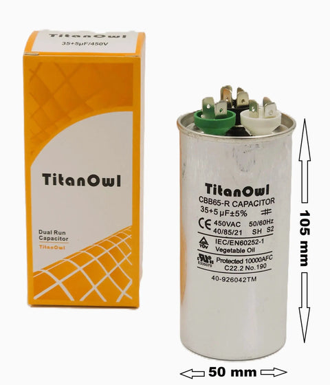 Dual Run Start Capacitor 35 And 5 uF With 5 Percent Tolerance 370 To 450 V CBB65 Round For Condenser Heat Pump Air Conditioner Or AC Motor And Fan Starting Built To Last with packaging shown