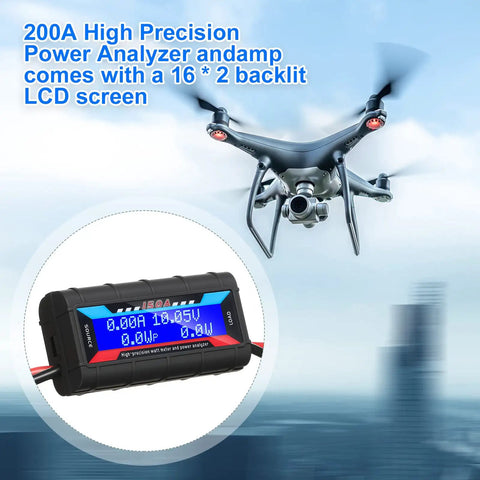 Two Pack High Precision Watt Meter Power Analyzer For Battery Consumption Monitoring with drone in background, backlit LCD