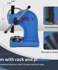 1 Ton Arbor Press With Ratchet Leverage And Handwheel 5.5 Inch Max Height Desktop Punch Press For Stamping Bending Stretching And Forming Metalwork In Your DIY Friendly Shop, blue cast iron design showing ram with rack and pinions, reversible ram detail