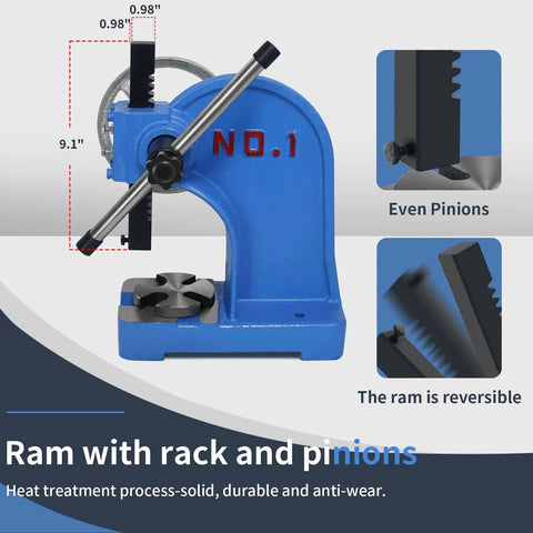 1 Ton Arbor Press With Ratchet Leverage And Handwheel 5.5 Inch Max Height Desktop Punch Press For Stamping Bending Stretching And Forming Metalwork In Your DIY Friendly Shop, blue cast iron design showing ram with rack and pinions, reversible ram detail