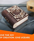 Book Of Secrets Steampunk 3D Puzzle Kit For Adults With Hidden Gears Wooden Mechanical Model on a glass table