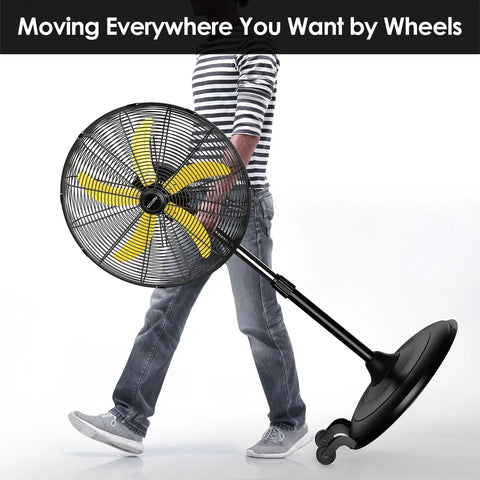 Person moving 5300 CFM 20 Inch High Velocity Oscillating Pedestal Fan With 3 Speeds For Industrial Use, Heavy Duty Standing Fan on wheels