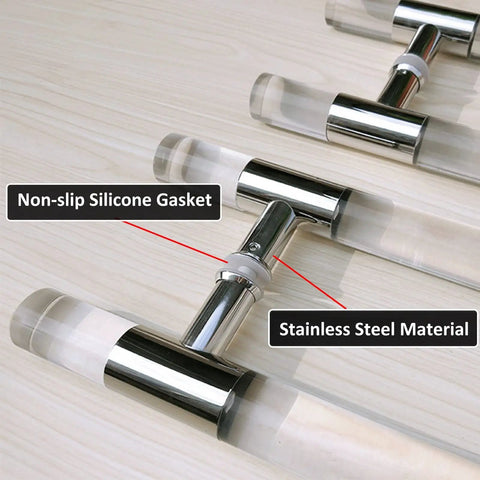 Clear Acrylic Push Pull Door Handle Set For Double Sided Use On Shower Barn Hotel And Patio Doors With Easy Installation No Fuss Durable Replacement Kit And All Hardware Included, featuring stainless steel base and silicone gasket.