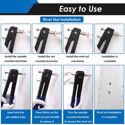 Eoppen rivet nut tool kit with 7 mandrels and rivet nuts in a rugged carbon steel carrying case; installation guide collage