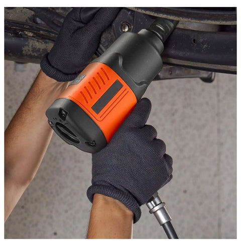 Professional Grade Badass 1/2 Inch Drive Air Impact Wrench with 1100 Ft Lbs Knockout Torque being used under a vehicle.