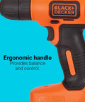 Side view of an Eight Volt Max Cordless Drill With Forty Three Piece Home Decor Project Kit Including Level And Bits And Fasteners