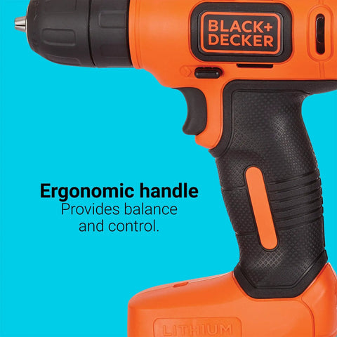 Side view of an Eight Volt Max Cordless Drill With Forty Three Piece Home Decor Project Kit Including Level And Bits And Fasteners