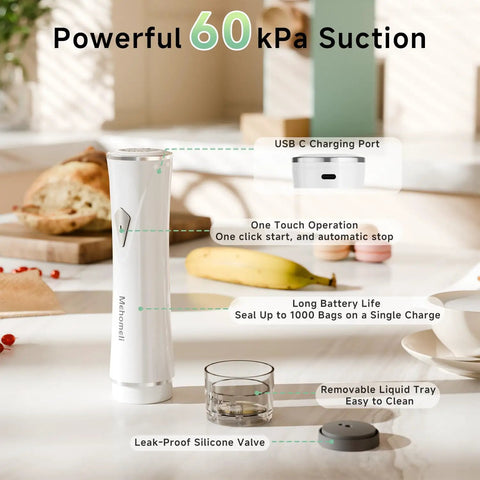 Compact Handheld Vacuum Sealer For Food With 10 Reusable Bags, Portable Wireless Sealing Machine, USB-C charging in kitchen setting