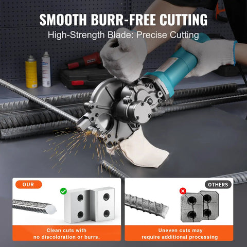 VEVOR Electric Rebar Cutter 1100W Portable Wire Rod Shear cuts steel rebar with precision and sparks during use.