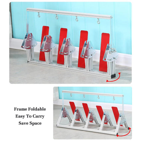 Built Tough Folding Cable Rack With Single Axis Wire Dispenser shown folded and unfolded against a blue wall.