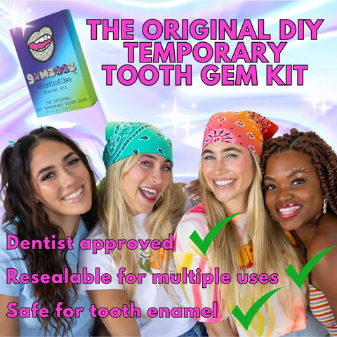 Smiling women with DIY Tooth Gem Starter Kit packaging, promoting temporary crystal gems for non-invasive tooth jewelry application.