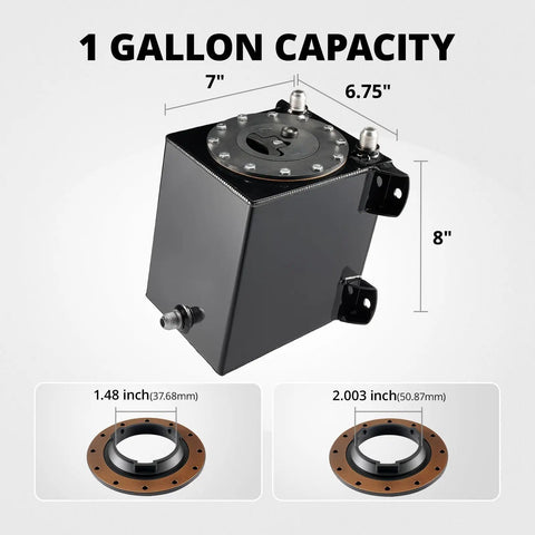 1 Gallon Aluminum Fuel Cell Gas Tank With Cap Street Drift Black Built For Street Racers Not For E85 Gasoline Or Methanol Ethanol When Used With CPE Fuel Lines, showing dimensions and fittings