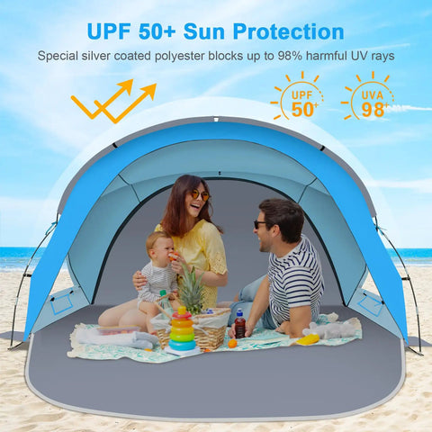 Family enjoying Spacious Beach Tent Sun Shelter With UPF50 Plus UV Protection For Up To Seven People, lightweight and portable.